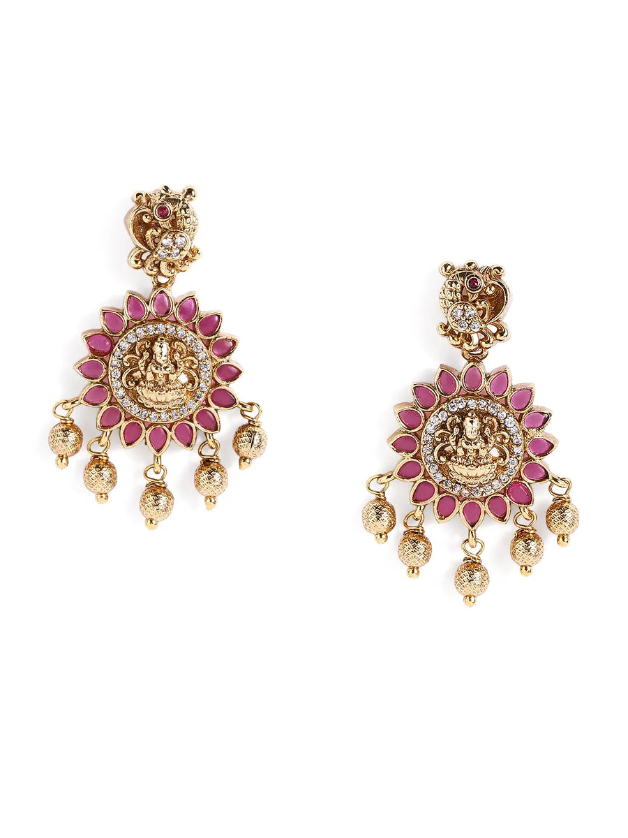 Lakshmi Motif CZ Ruby Dangle Earrings