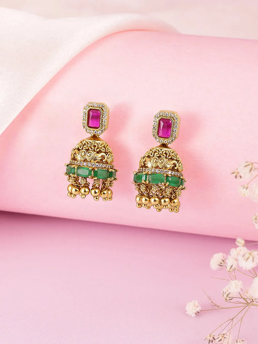 Handcrafted Polki Temple Jhumka Pair