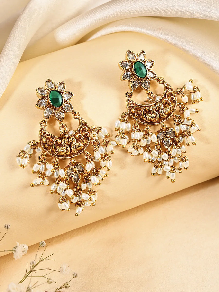 Heritage Peacock Motif Bridal Earrings - Green