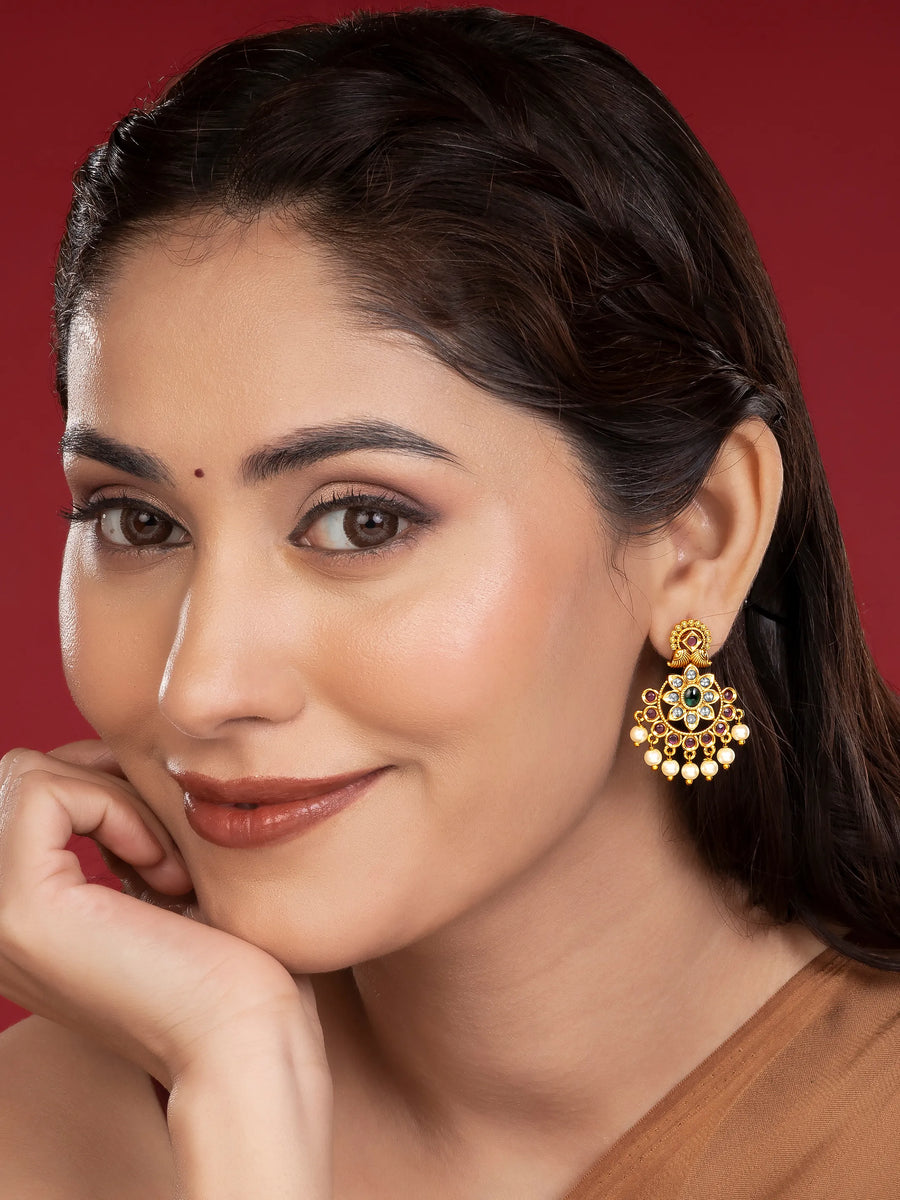 Floral Pearl & Faux Ruby Drop Earrings