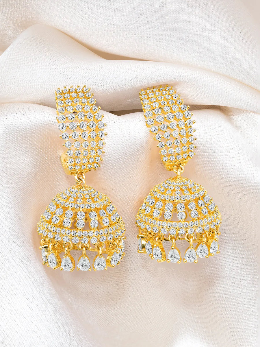 Sculpted Sparkle CZ Jhumki Earrings - Gold White