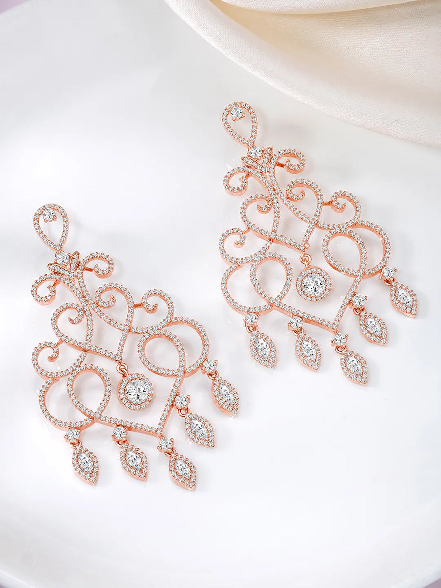 Intricate Filigree CZ Dangle Earrings - Rose Gold