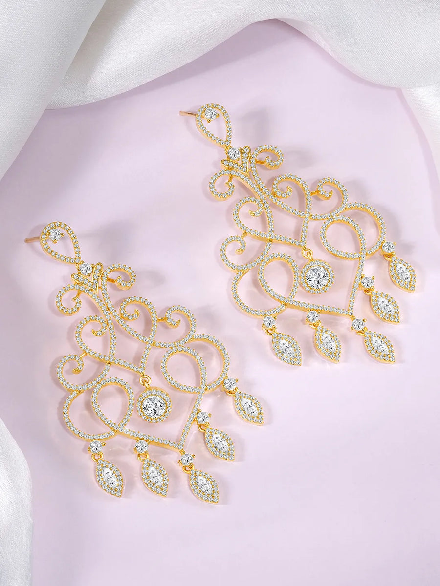 Intricate Filigree CZ Dangle Earrings - Gold