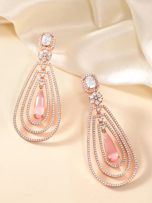 Exquisite CZ & Crystal Drop Earrings - Rose Gold - Pink