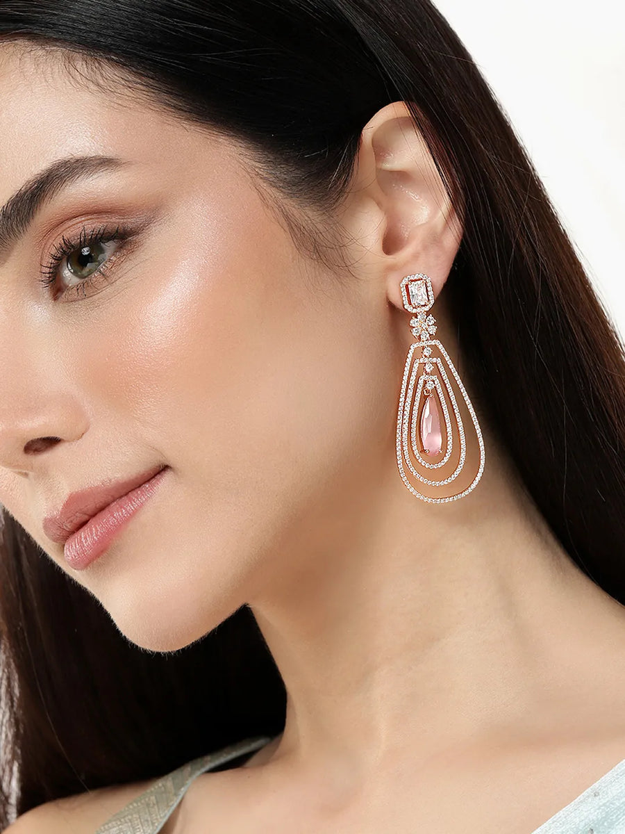 Exquisite CZ & Crystal Drop Earrings - Rose Gold - Pink