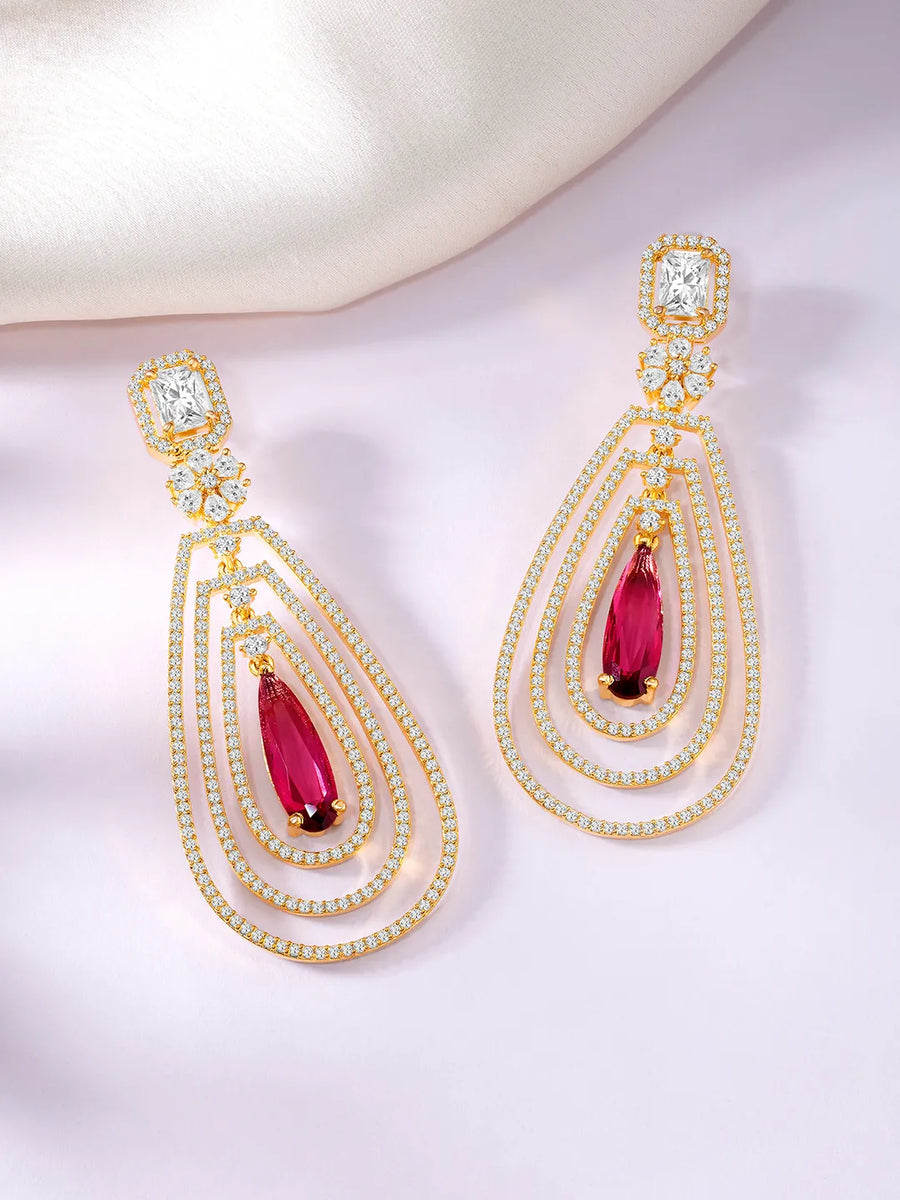 Exquisite CZ & Crystal Drop Earrings - Gold - Rani Pink