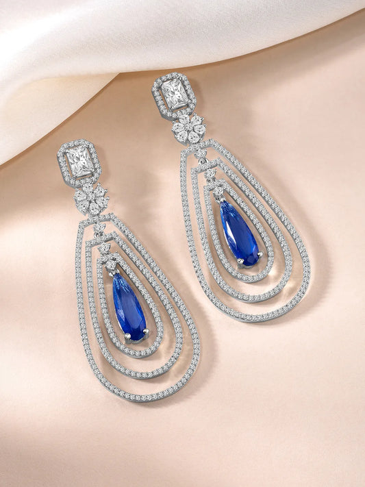 Exquisite CZ & Crystal Drop Earrings - Silver - Blue