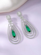 Exquisite CZ & Crystal Drop Earrings - Silver - Green