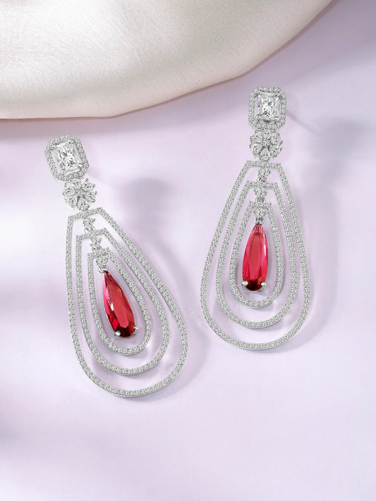 Exquisite CZ & Crystal Drop Earrings - Silver - Rani Pink