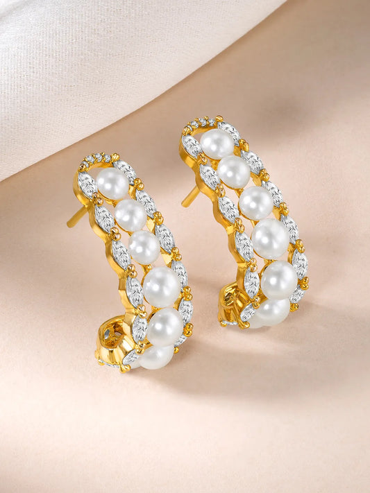 Luxe Pearl & CZ Half Hoop Earrings
