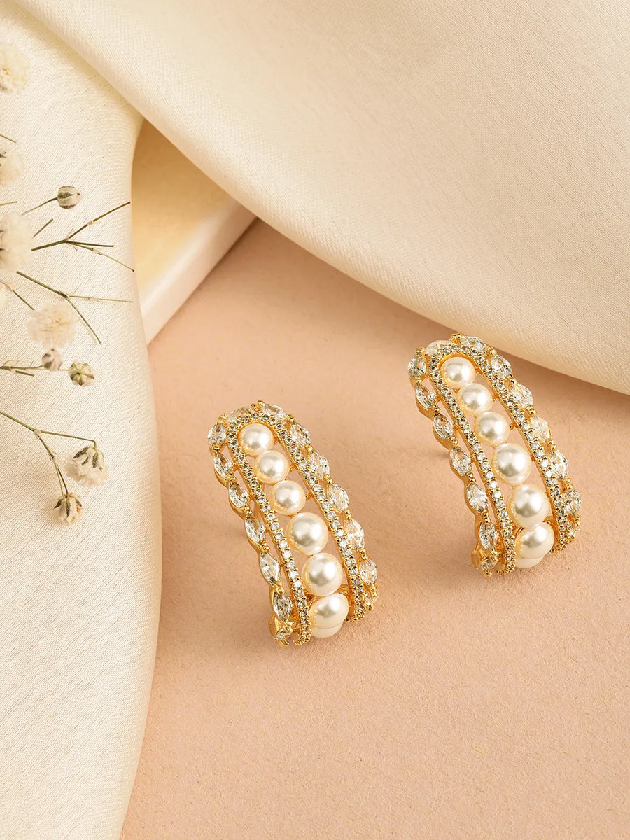Elegant Pearl-Studded Hoop Earrings - Gold
