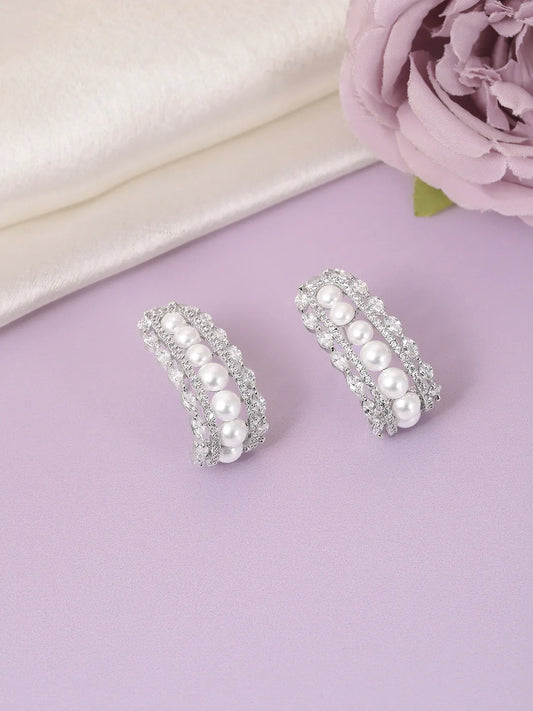 Elegant Pearl-Studded Hoop Earrings - Silver
