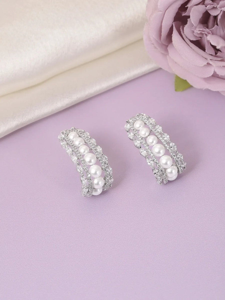 Elegant Pearl-Studded Hoop Earrings - Silver