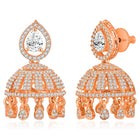 Luxurious Elegance CZ Jhumki Earrings. A pair of rose gold-colored CZ jhumki earrings with intricate designs and teardrop-shaped stones.