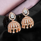 Luxurious Elegance CZ Jhumki Earrings. A pair of rose gold-colored CZ jhumki earrings with intricate designs and teardrop-shaped stones.