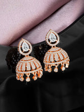 Luxurious Elegance CZ Jhumki Earrings. A pair of rose gold-colored CZ jhumki earrings with intricate designs and teardrop-shaped stones.