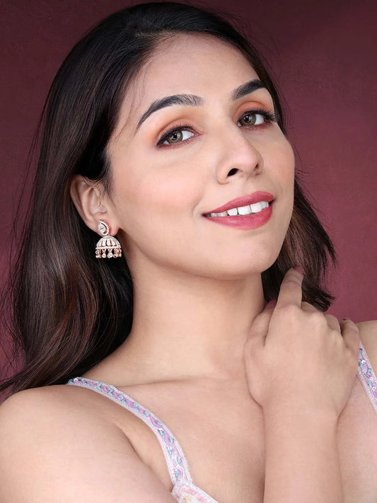 Luxurious Elegance CZ Jhumki Earrings - Rose Gold