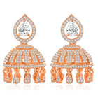Luxurious Elegance CZ Jhumki Earrings. A pair of rose gold-colored CZ jhumki earrings with intricate designs and teardrop-shaped stones.