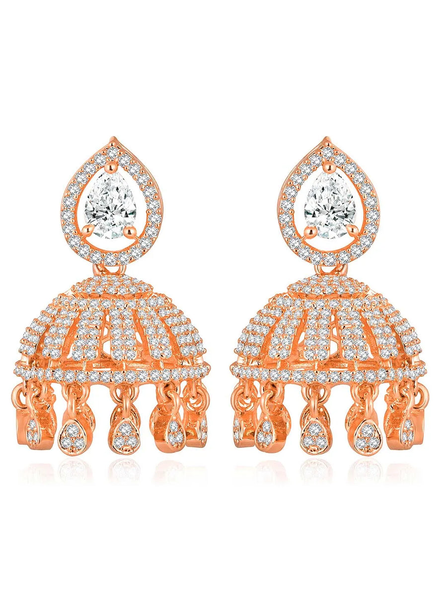 Luxurious Elegance CZ Jhumki Earrings. A pair of rose gold-colored CZ jhumki earrings with intricate designs and teardrop-shaped stones.