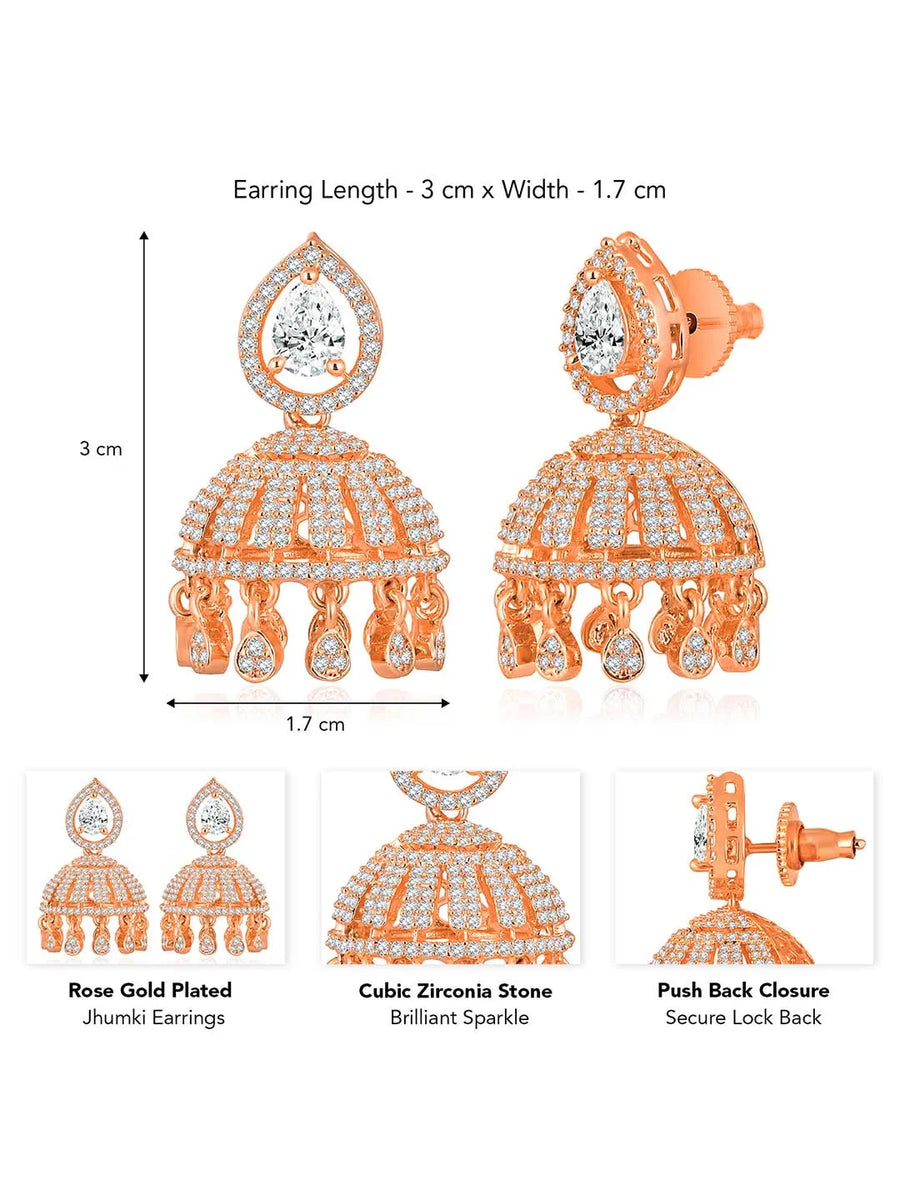 Luxurious Elegance CZ Jhumki Earrings. A pair of rose gold-colored CZ jhumki earrings with intricate designs and teardrop-shaped stones.