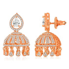Luxurious Elegance CZ Jhumki Earrings. A pair of rose gold-colored CZ jhumki earrings with intricate designs and teardrop-shaped stones.