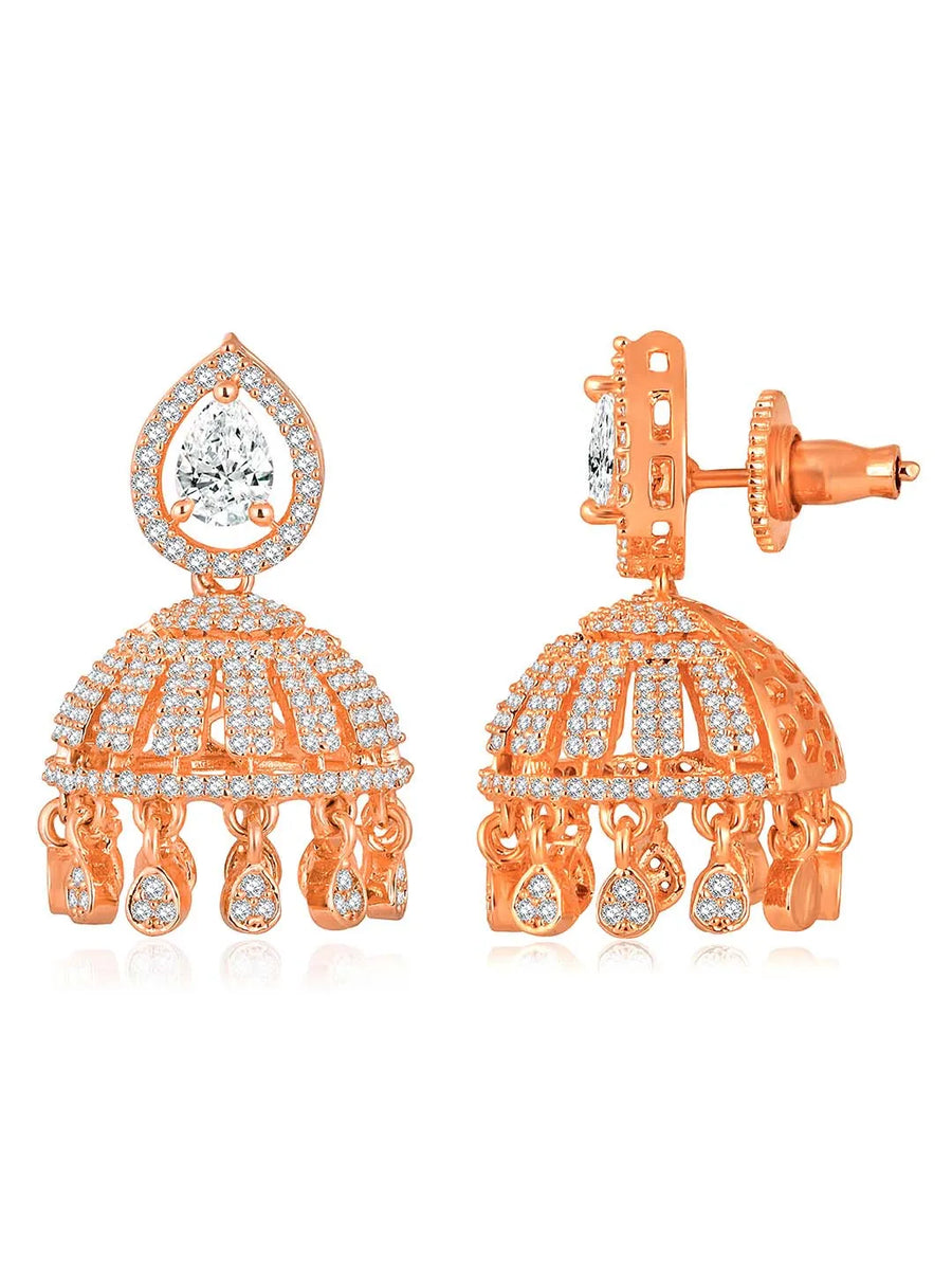 Luxurious Elegance CZ Jhumki Earrings. A pair of rose gold-colored CZ jhumki earrings with intricate designs and teardrop-shaped stones.