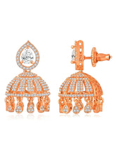 Luxurious Elegance CZ Jhumki Earrings. A pair of rose gold-colored CZ jhumki earrings with intricate designs and teardrop-shaped stones.