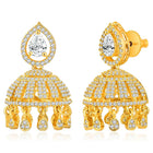 Luxurious Elegance CZ Jhumki Earrings. A pair of gold-colored CZ jhumki earrings with intricate designs and teardrop-shaped stones.