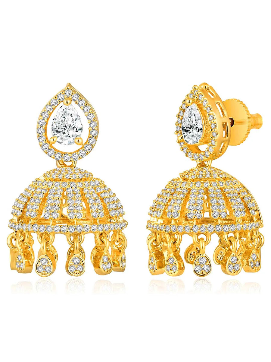 Luxurious Elegance CZ Jhumki Earrings. A pair of gold-colored CZ jhumki earrings with intricate designs and teardrop-shaped stones.
