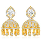 Luxurious Elegance CZ Jhumki Earrings. A pair of gold-colored CZ jhumki earrings with intricate designs and teardrop-shaped stones.