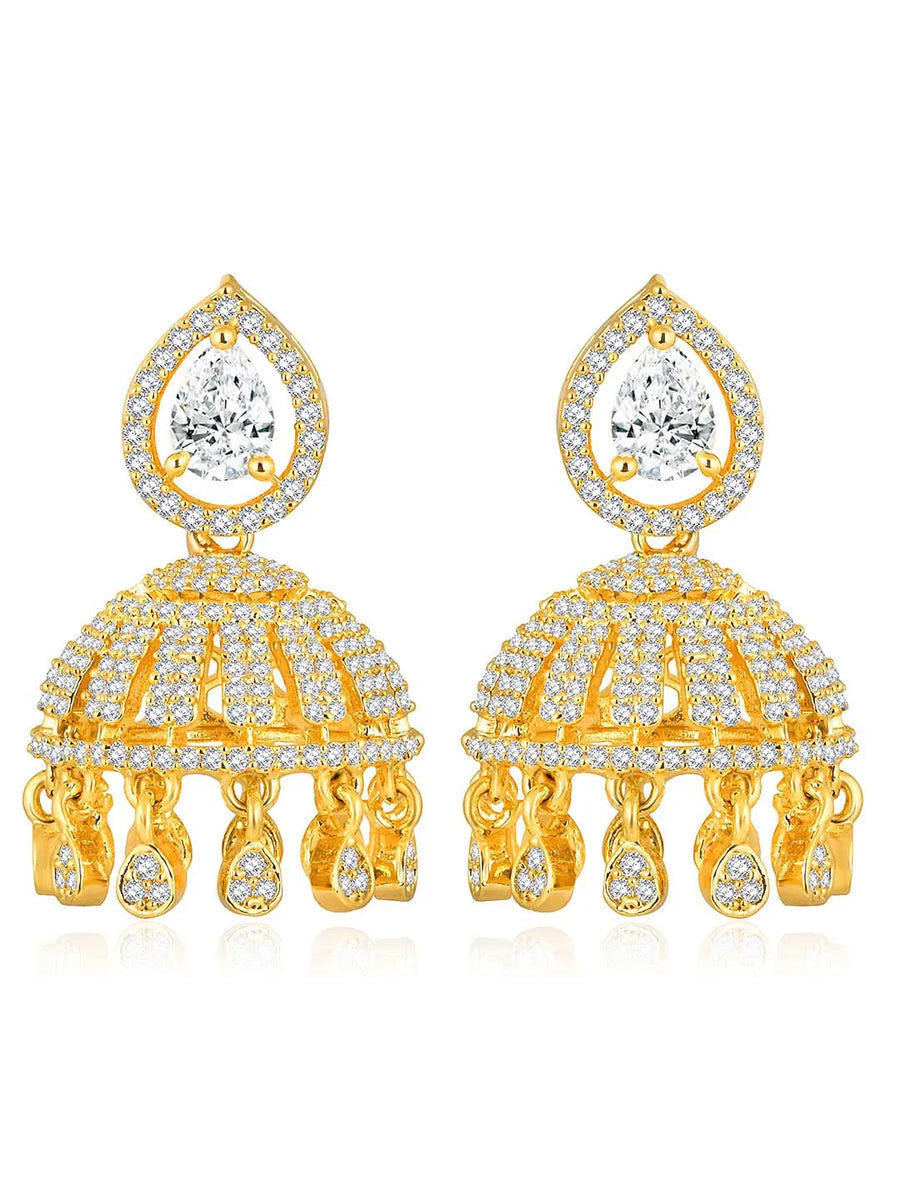 Luxurious Elegance CZ Jhumki Earrings. A pair of gold-colored CZ jhumki earrings with intricate designs and teardrop-shaped stones.