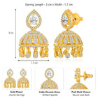 Luxurious Elegance CZ Jhumki Earrings. A pair of gold-colored CZ jhumki earrings with intricate designs and teardrop-shaped stones.