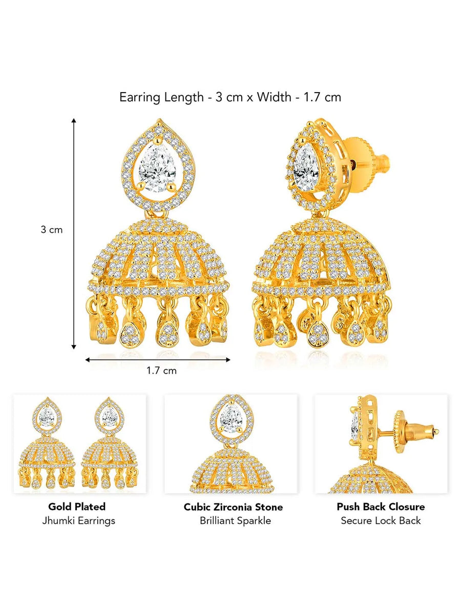Luxurious Elegance CZ Jhumki Earrings. A pair of gold-colored CZ jhumki earrings with intricate designs and teardrop-shaped stones.