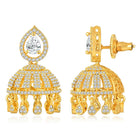 Luxurious Elegance CZ Jhumki Earrings. A pair of gold-colored CZ jhumki earrings with intricate designs and teardrop-shaped stones.