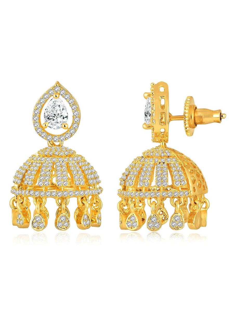 Luxurious Elegance CZ Jhumki Earrings. A pair of gold-colored CZ jhumki earrings with intricate designs and teardrop-shaped stones.