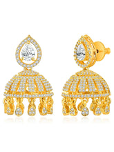 Luxurious Elegance CZ Jhumki Earrings. A pair of gold-colored CZ jhumki earrings with intricate designs and teardrop-shaped stones.