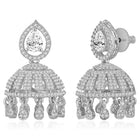 Luxurious Elegance CZ Jhumki Earrings. A pair of silver-colored CZ jhumki earrings with intricate designs and teardrop-shaped stones.