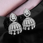 Luxurious Elegance CZ Jhumki Earrings. A pair of silver-colored CZ jhumki earrings with intricate designs and teardrop-shaped stones.