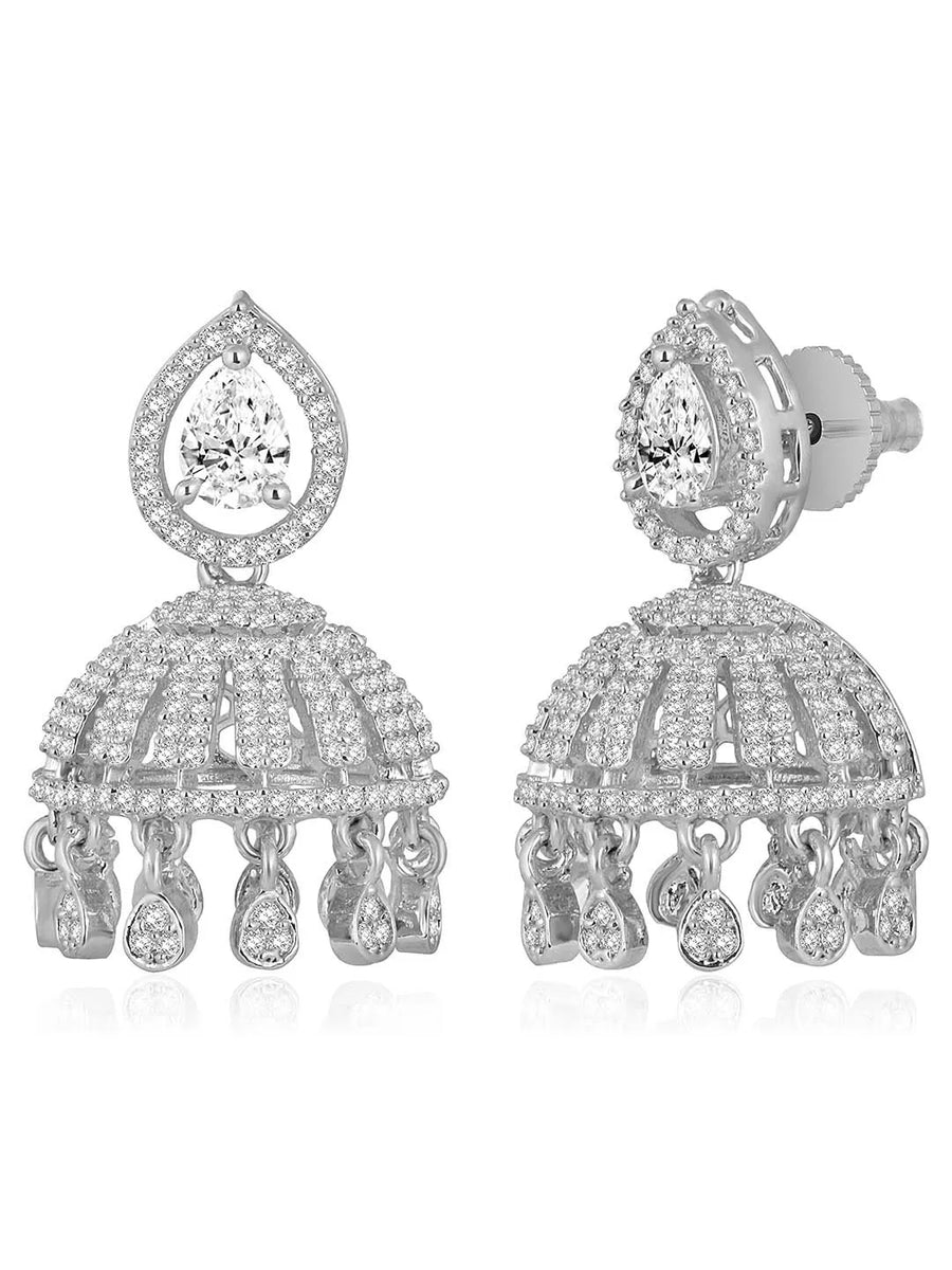 Luxurious Elegance CZ Jhumki Earrings. A pair of silver-colored CZ jhumki earrings with intricate designs and teardrop-shaped stones.