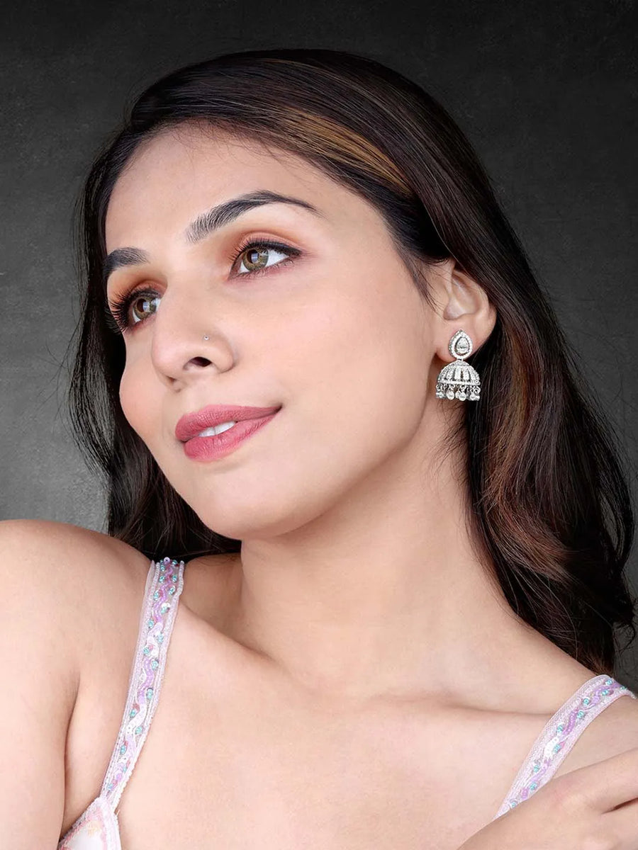 Luxurious Elegance CZ Jhumki Earrings - Silver