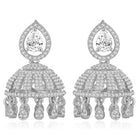 Luxurious Elegance CZ Jhumki Earrings. A pair of silver-colored CZ jhumki earrings with intricate designs and teardrop-shaped stones.
