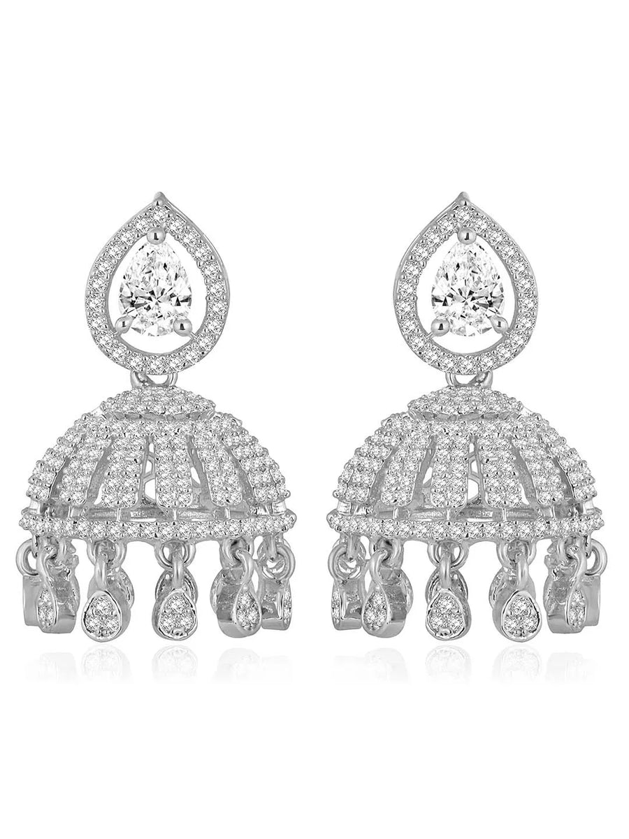 Luxurious Elegance CZ Jhumki Earrings. A pair of silver-colored CZ jhumki earrings with intricate designs and teardrop-shaped stones.