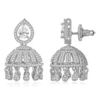 Luxurious Elegance CZ Jhumki Earrings. A pair of silver-colored CZ jhumki earrings with intricate designs and teardrop-shaped stones.