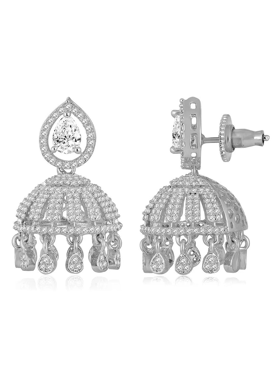 Luxurious Elegance CZ Jhumki Earrings. A pair of silver-colored CZ jhumki earrings with intricate designs and teardrop-shaped stones.