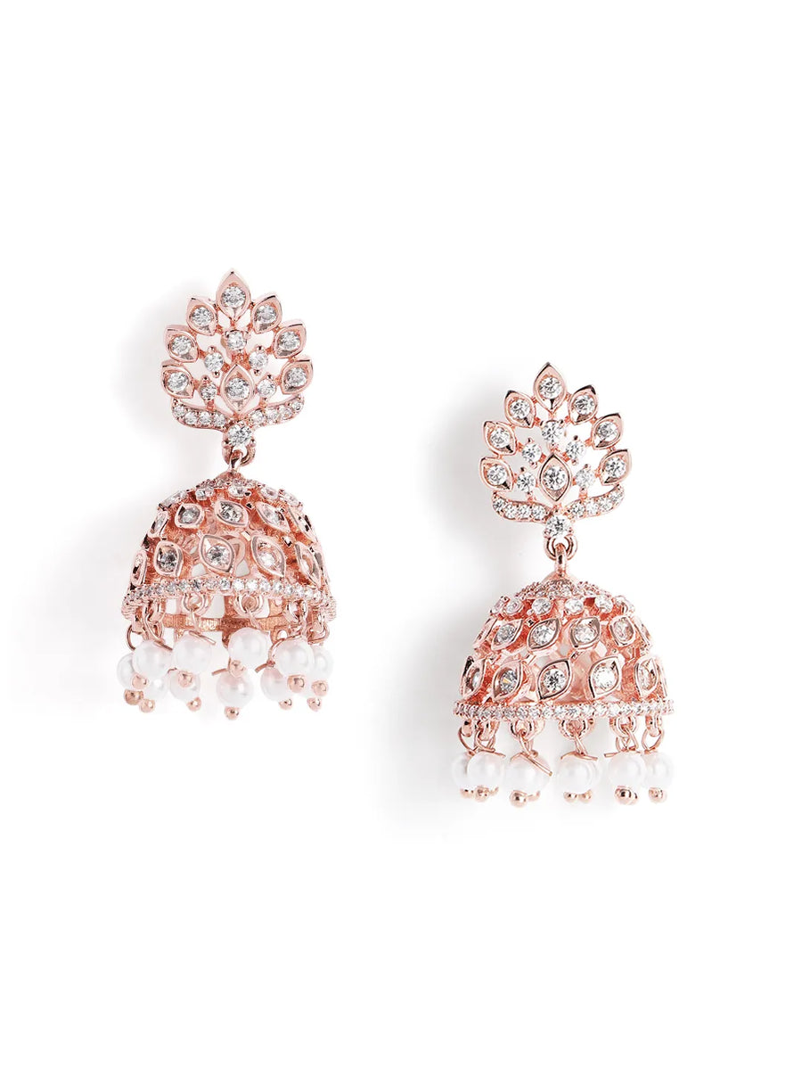 Lotus Top CZ Jhumka with Pearls - Rose Gold