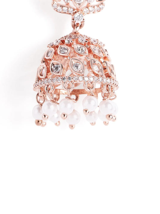 Lotus Top CZ Jhumka with Pearls - Rose Gold