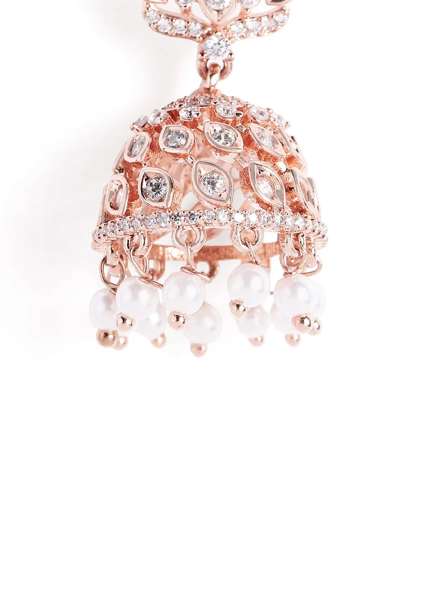 Lotus Top CZ Jhumka with Pearls - Rose Gold