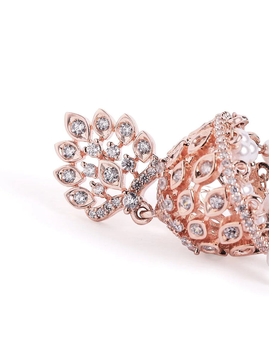 Lotus Top CZ Jhumka with Pearls - Rose Gold