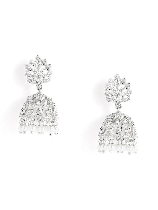 Lotus Top CZ Jhumka with Pearls - Silver