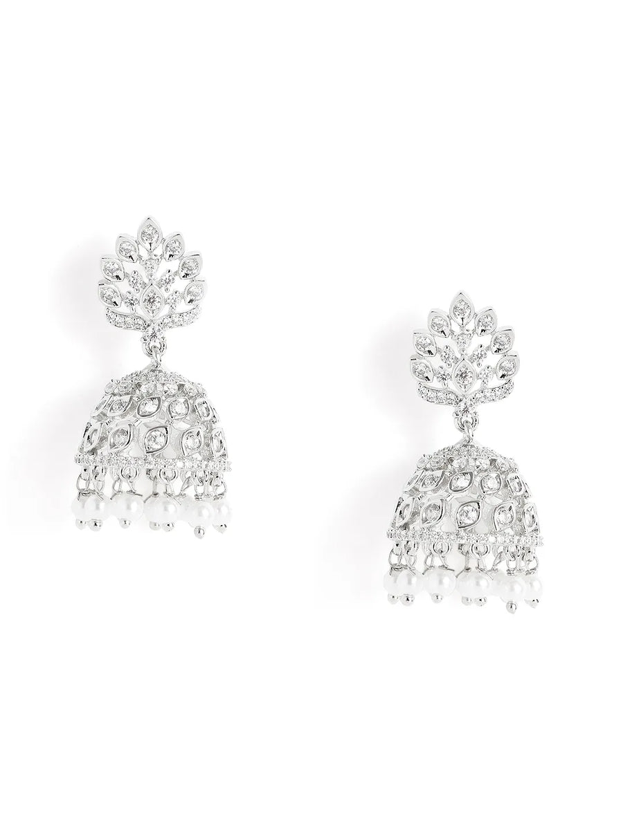 Lotus Top CZ Jhumka with Pearls - Silver